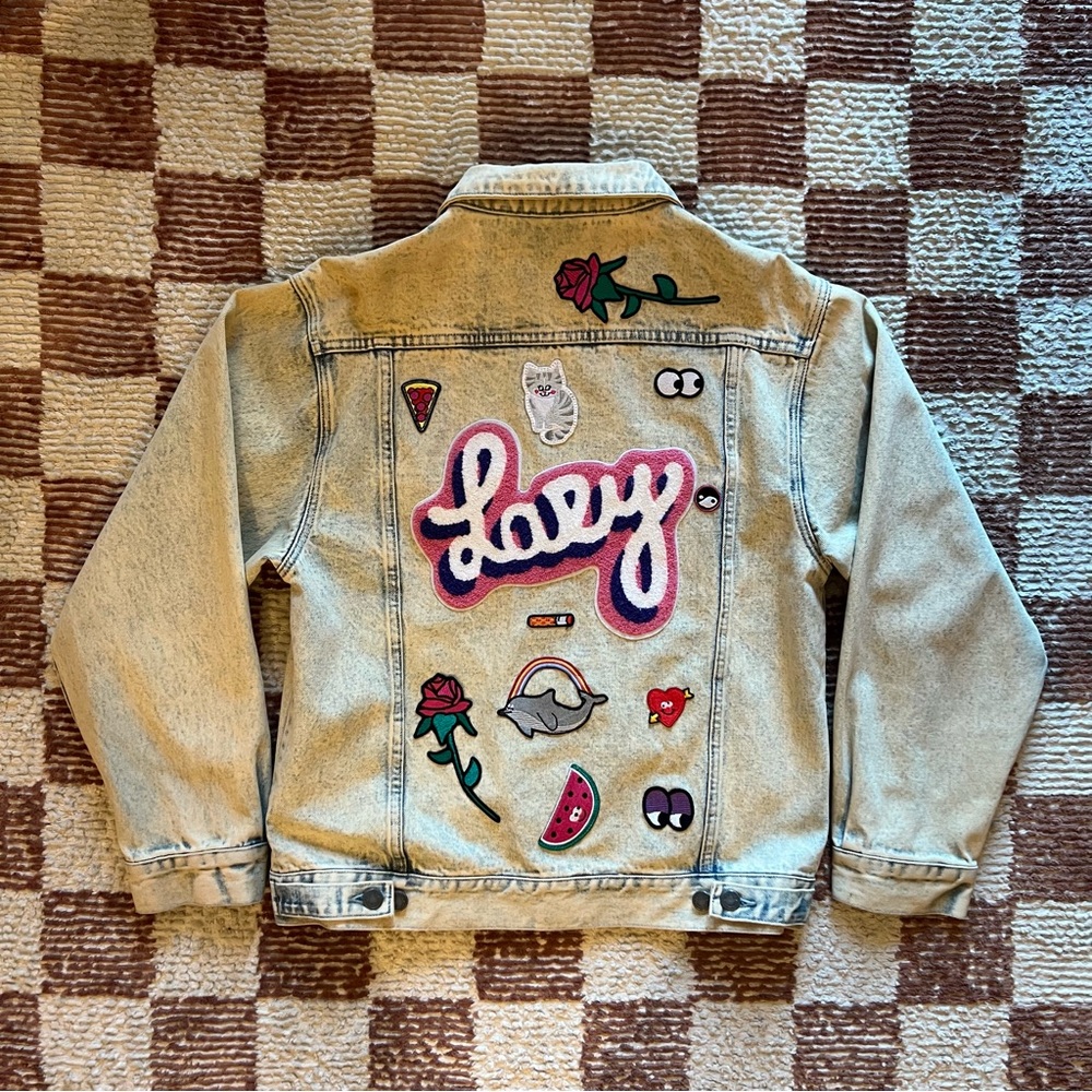Lazy Oaf Acid Wash Stonewashed Patch Denim Jacket Cats Gemstones Heart Rose
